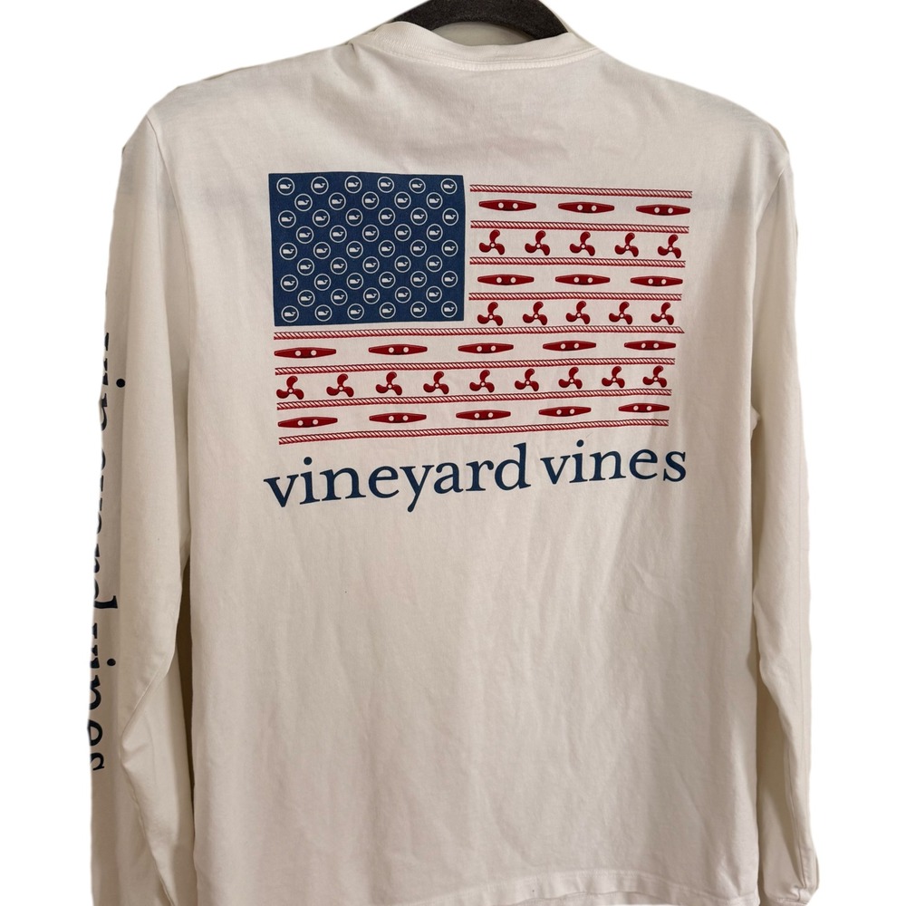 Vineyard Vines Long Sleeve Red White Blue Graphic Fishing Pocket Tee Small